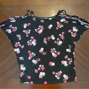 Express Black Floral Pattern Top with Tie Details